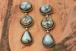 6 Genuine Golden Hill Turquoise Stones Sterling Silver Dangle Earrings